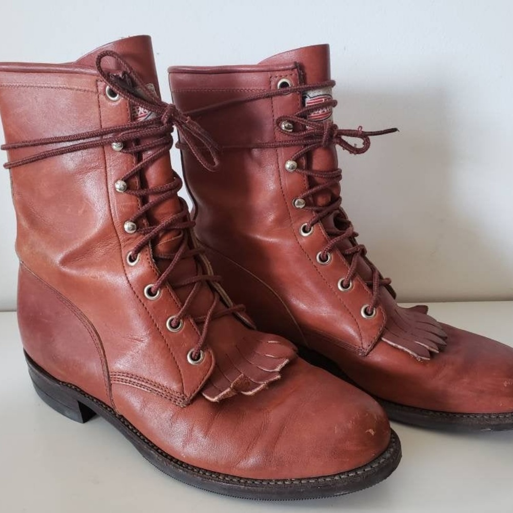 Vtg Chestnut Brown Lace-up Justin Cowboy Boots